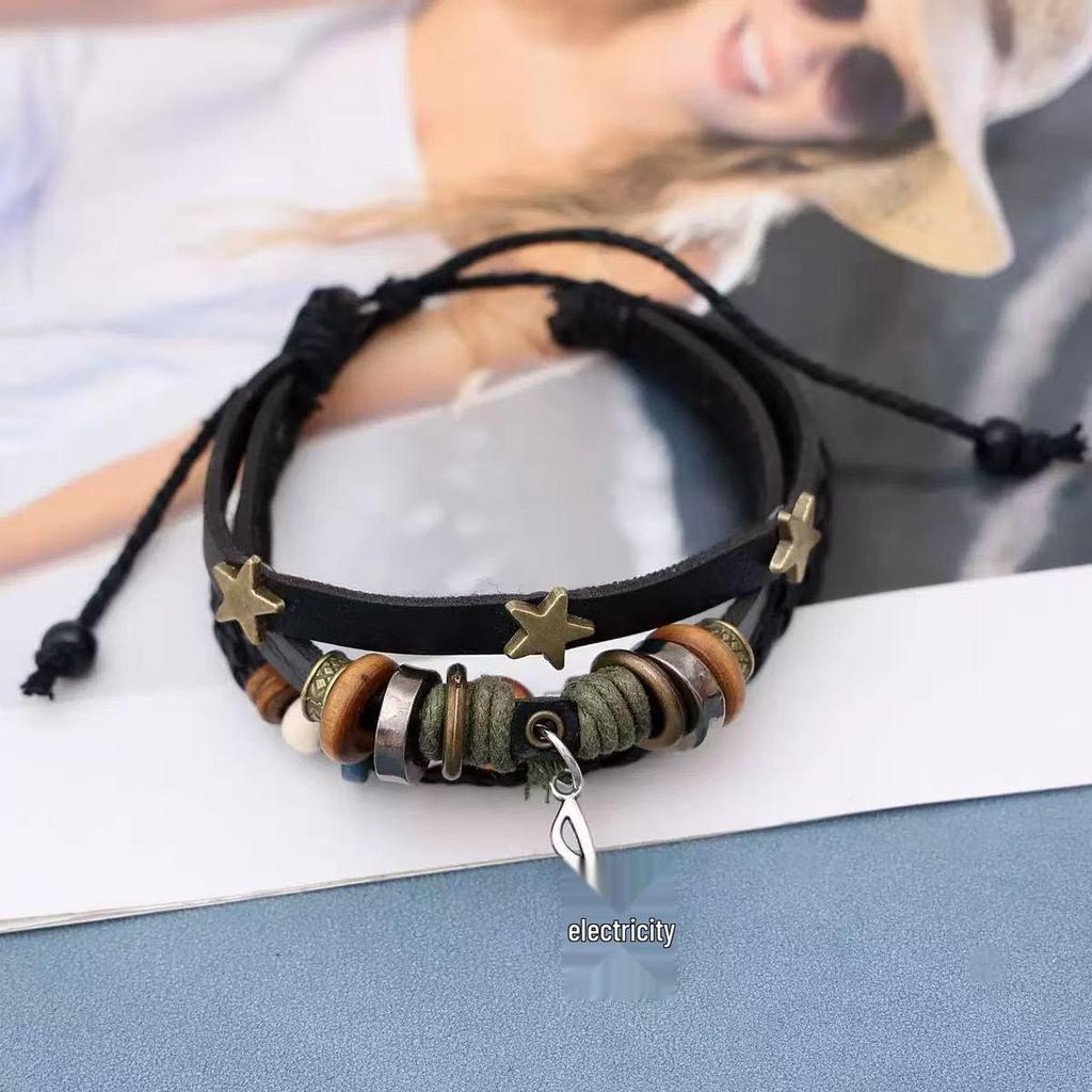 Multilayer Beaded Leather Bracelet with Pendant and Star Beads