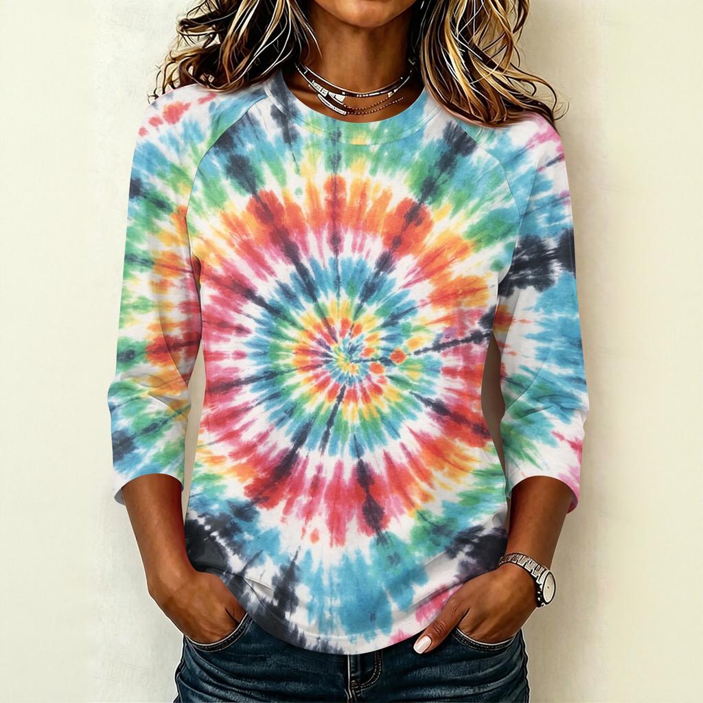 Damen Lässiger Raglanärmel Pullover T-Shirt Rundhalsausschnitt Dreiviertelarm Batik Print Oberteil für den Alltag