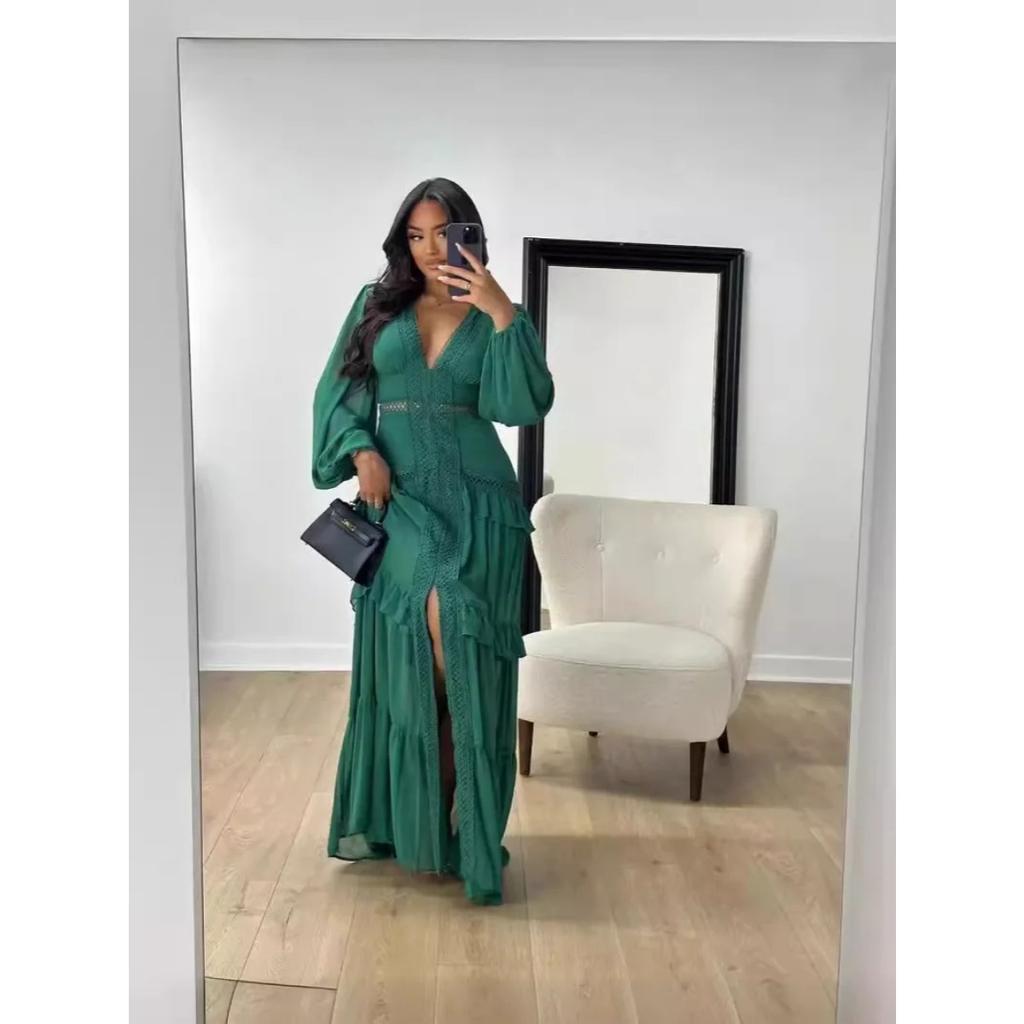 LYRIA Women Elegant Layered Ruffles Patchwork Long Dress Chic V Neck Puff Full Sleeves Split Maxi Dresses Fashion Lady Party Robes