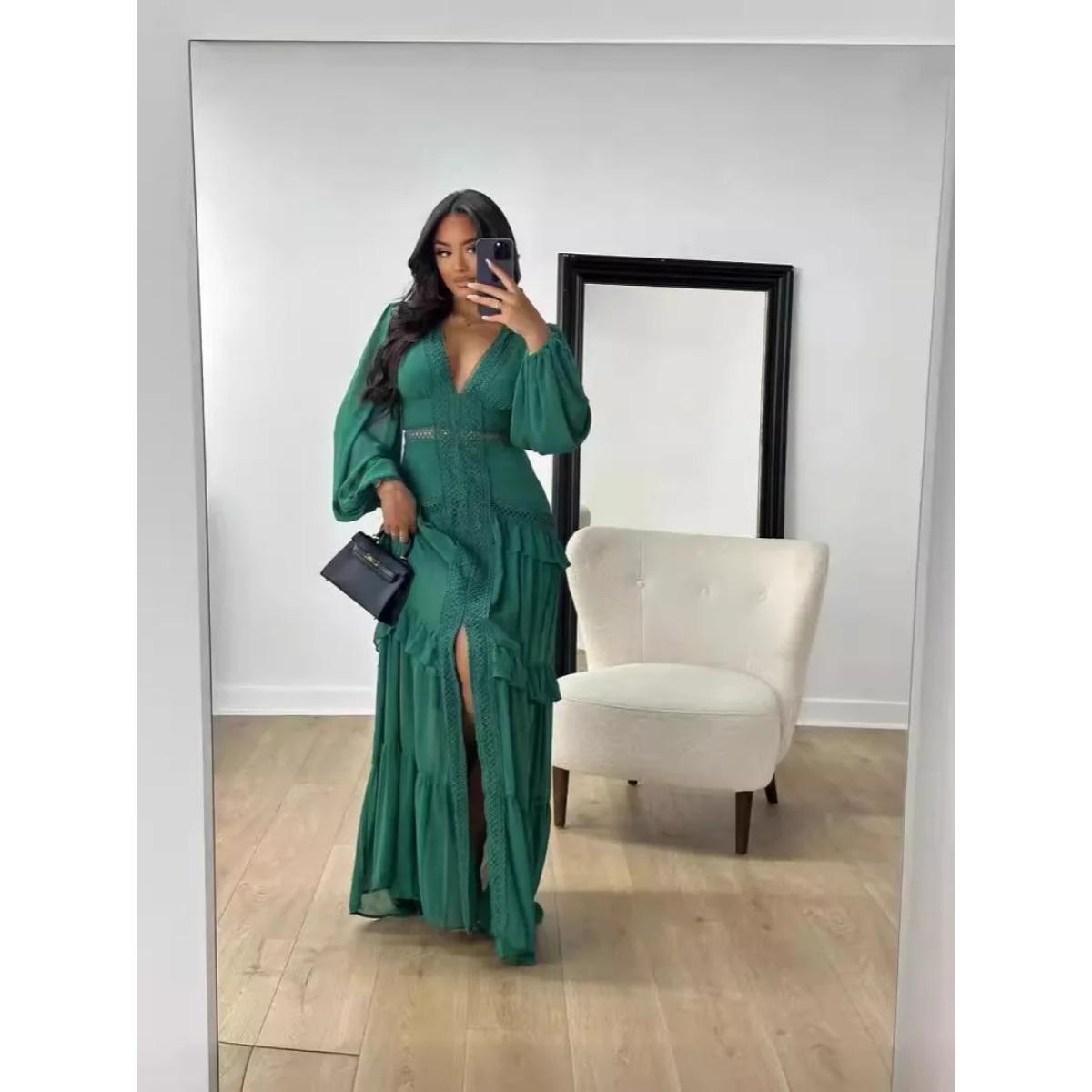 

Women Elegant Layered Ruffles Patchwork Long Dress Chic V Neck Puff Full Sleeves Split Maxi Dresses Fashion Lady Party Robes S зелений