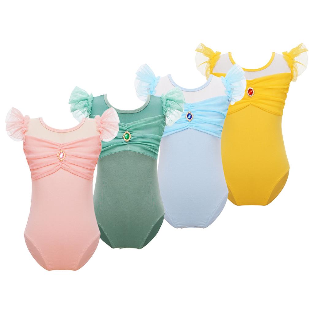 Girls Ruffle Sleeve Leotard Ruched Mesh Patchwork Cutout Back Bodysuit