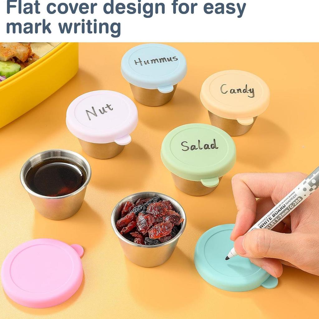 6 Pcs Leakproof Stainless Steel Dipping Sauce Cups Food Containers Reusable Salad Dressing Container Silicone Stretch Lids
