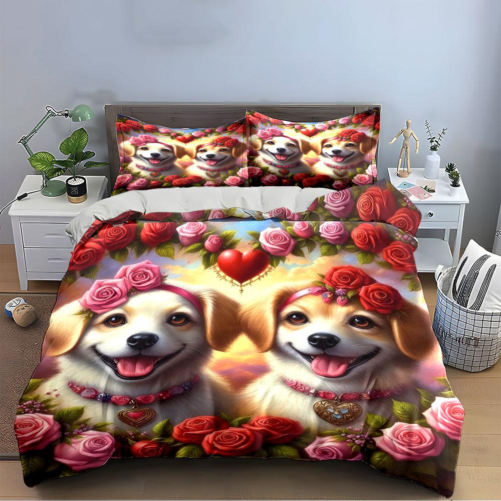 Golden Dogs with Rose Garland Bedding Duvet Cover Set (1*Duvet Cover 2*Pillowcases, without duvet insert)