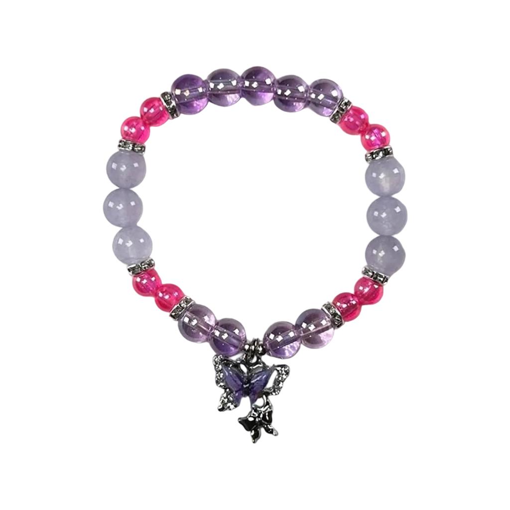 Sweet Crystal Beaded Bracelet Butterfly Pendant Handchain for Women Fashionable Friendship Wristchain Wrist Jewelry