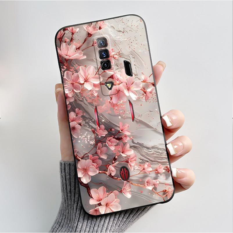 Pattern Case For ZTE Nubia RedMagic 7 5G Funda For Nubia RedMagic 7S 5G Soft Silicone Black Shell Cute Flower Cartoon Capa Cover