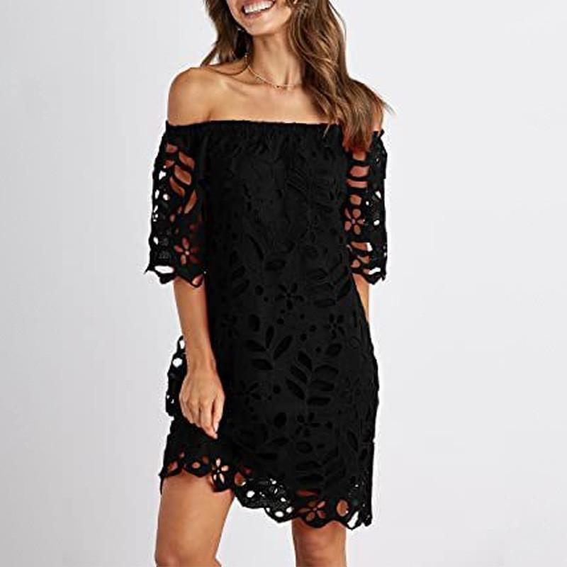 Spring and summer new European and American solid color lace medium sleeve commuter dress tube top fashion short skirt