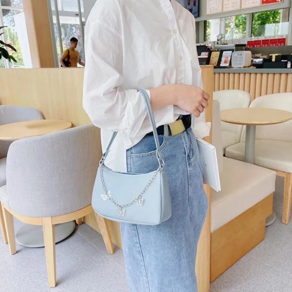 1 Pcs Women Butterfly Chain Shoulder Underarm Bags Casual Ladies Pure Color Small Purses Handbags Elegant PU Leather Bags