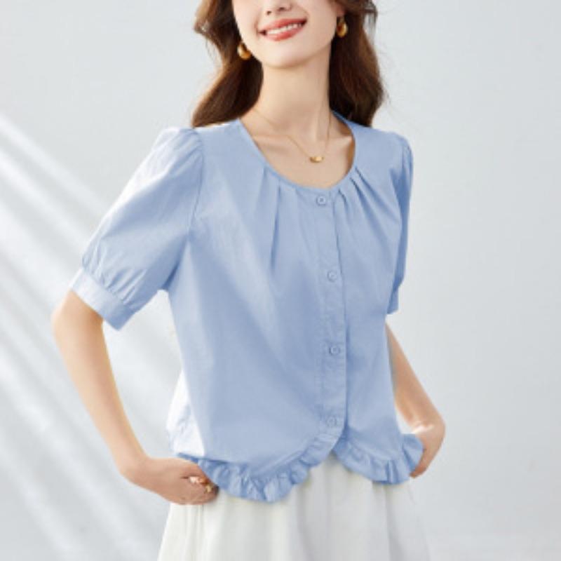Round-neck White Shirt for Women In Five-quarter Sleeve Summer New Style Wood Ear Design Top Pure Cotton Shirt
