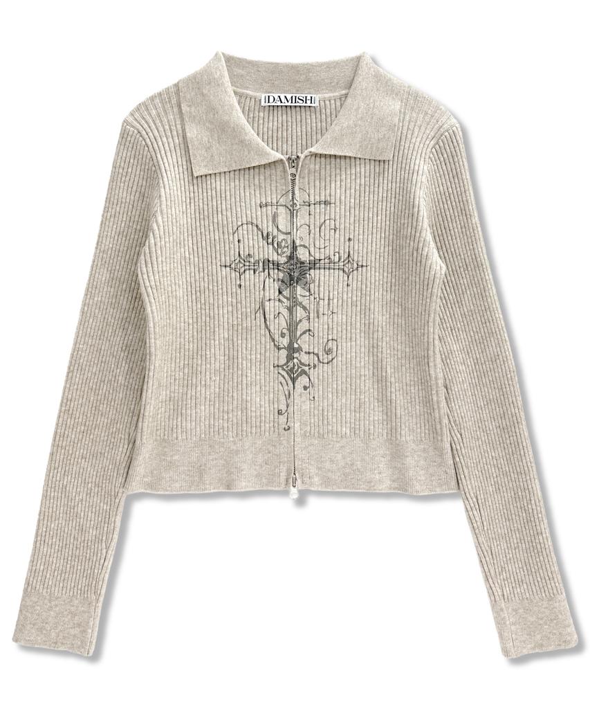 Damiswi Cross Print Ribbed Knit Zip-Up_Beige