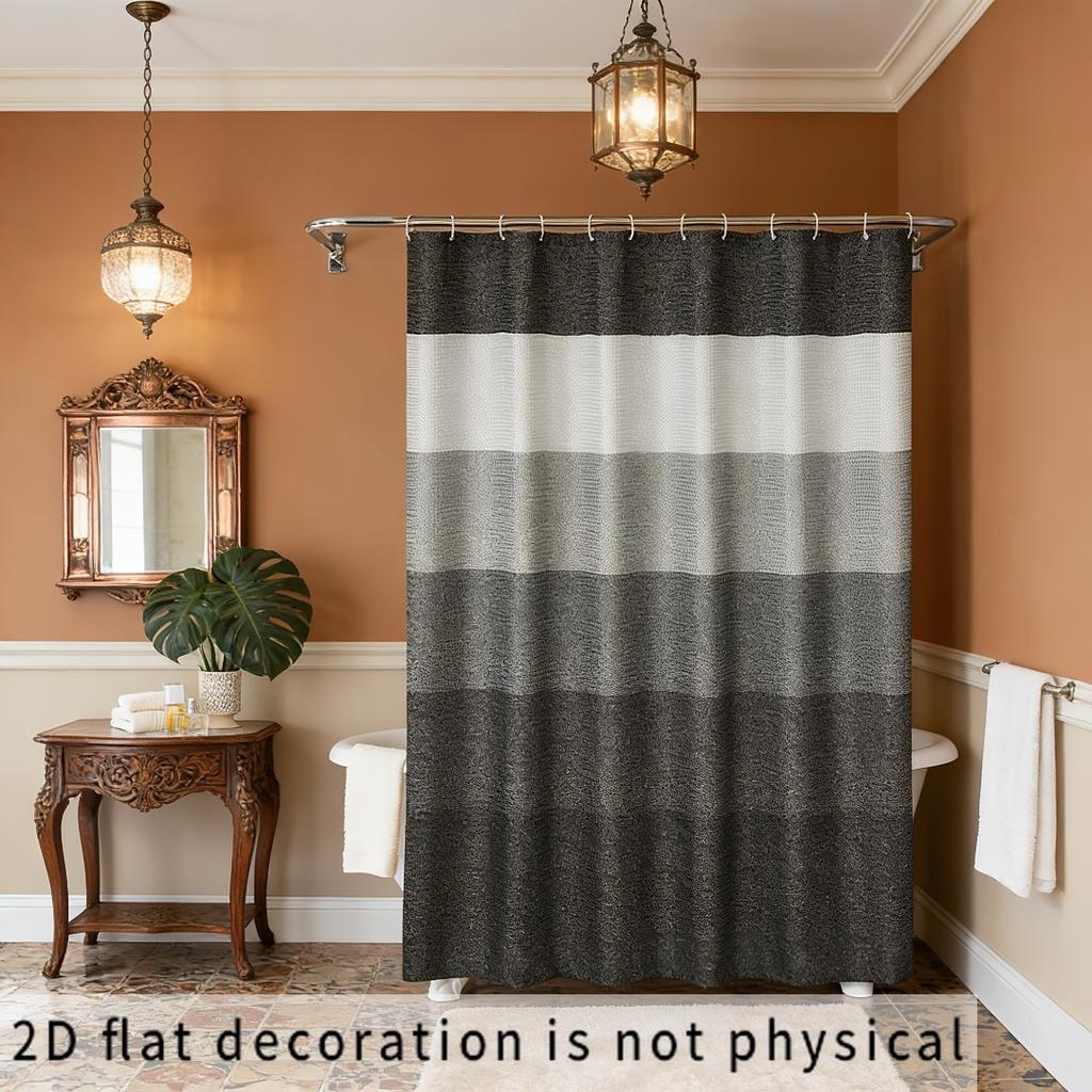 2D Flat, 1pc 2D Flat Shower Curtain, Simple Gray-Black Gradient Stripe Print Shower Curtain, Minimalist Nordic Style Shower Curt