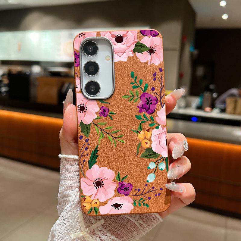 

Мягкий чехол из ТПУ с цветочным узором и текстурой из кожи для Samsung S25 Ultra S24 FE S23 S22 S21 A56 A36 A16 A15 A55 A35, матовый противоударный тонкий чехол для телефона Samsung A55 коричневый/фиолетовый