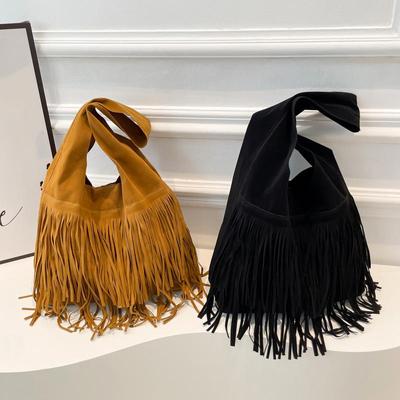Damen-Umhängetasche mit gefrosteter Quaste, Kunstwildleder, Fransen, Unterarmtasche, große Kapazität, Reisetasche, Handtasche, Einkaufstasche