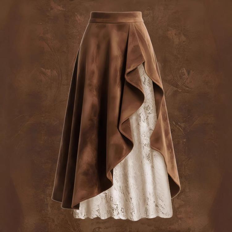 Women’s Unique Street-style Denim Skirt with A Retro Western Vibe Featuring Suede and Lace Panels