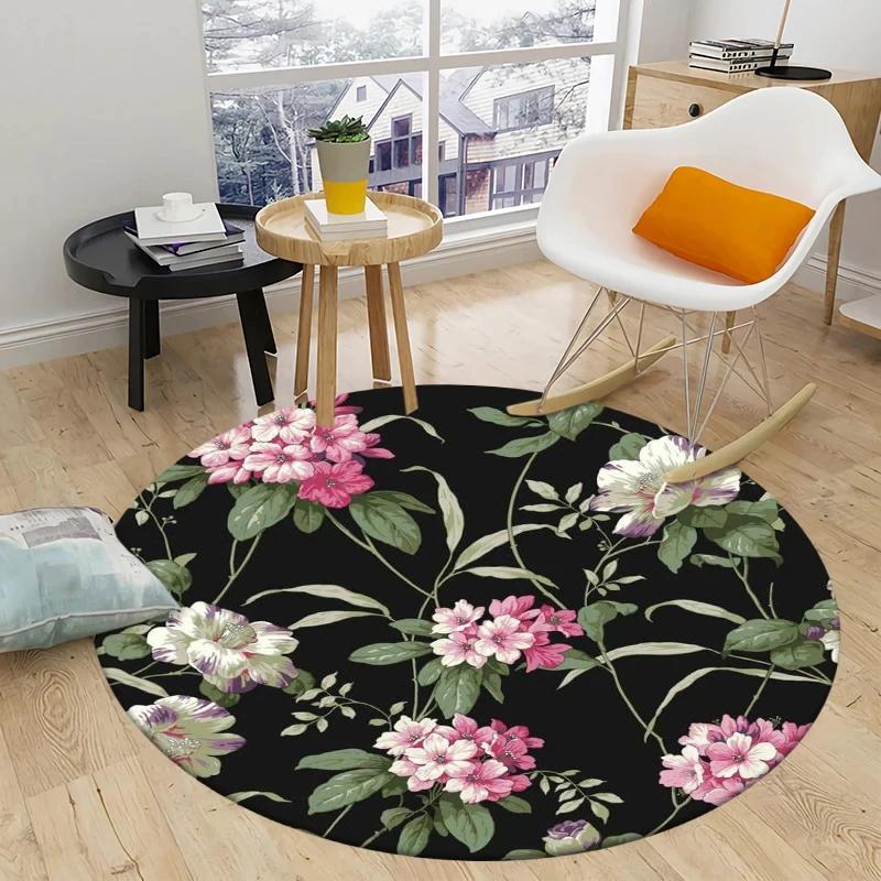 Peony Rose Flower Round Carpet Botanical Floral Area Rug Soft Non-slip Circle Floor Mat for Bedroom Living Room Chair Sofa Decor