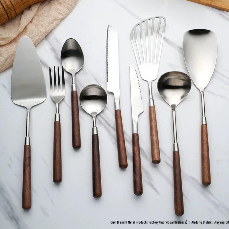 304 Stainless Steel Western Cutlery Set with Walnut Handles: Knife, Fork, Spoon, Cake Server, Bread Knife, Soup Spoon, Serving Spoon.