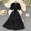 Seaside vacation desert big swing dress travel Bali beach dress super fairy V-neck lace lace dress summer