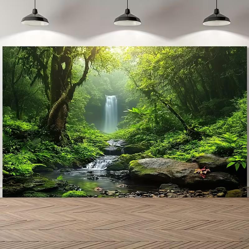 2D Outdoor Photo Booth Backdrop Lush Tropical Forest Waterfall Scene Background 47.2x31.5inch/120*80cm
