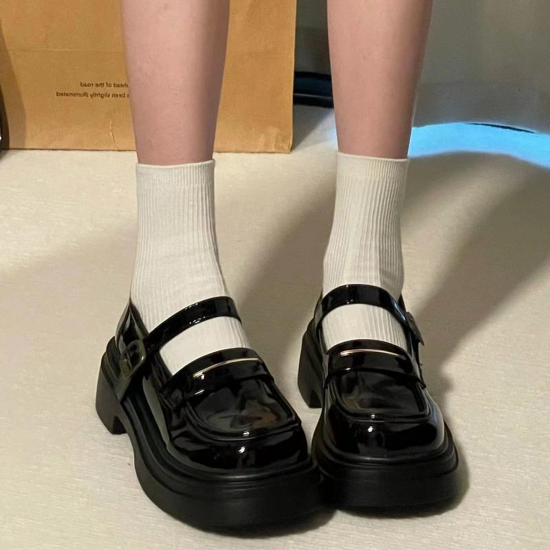 One-word Buckle Mary Jane Small Leather Shoes Women's Spring New Retro College Style Single Shoes Platform