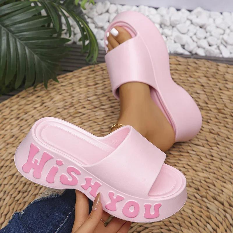 Fashion Letter Printing Wedge Platform Sandals Women Summer Beach Non Slip Thick Sole Slippers Woman Outdoor Fashion EVA Pillow Slides