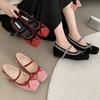 Fashion 2025 Spring and Autumn new style insole height-increasing round toe color-blocking bow wedge heel shallow-mouthed single shoe