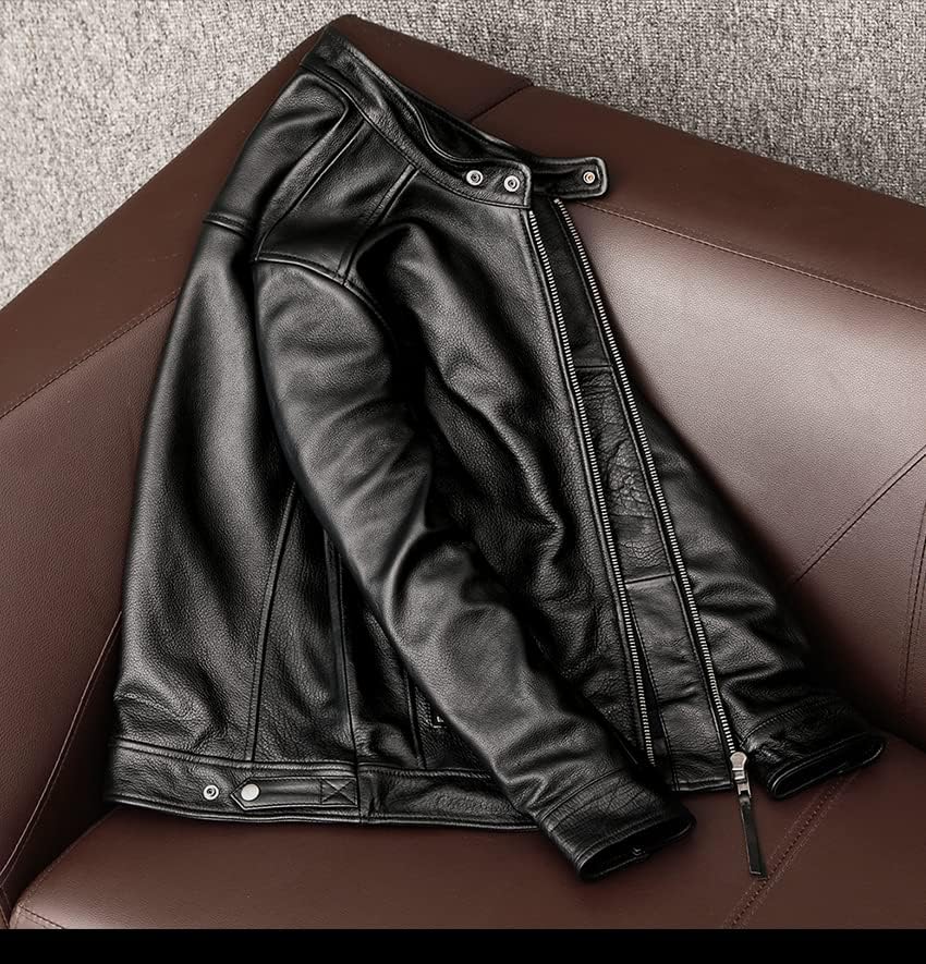 CHEJI Genuine Leather Military Biker and for and Denim Jacket Jacket, Men's Double-Breasted Jacket, Short, Simple, Cold-Weight Windproof, Thick,