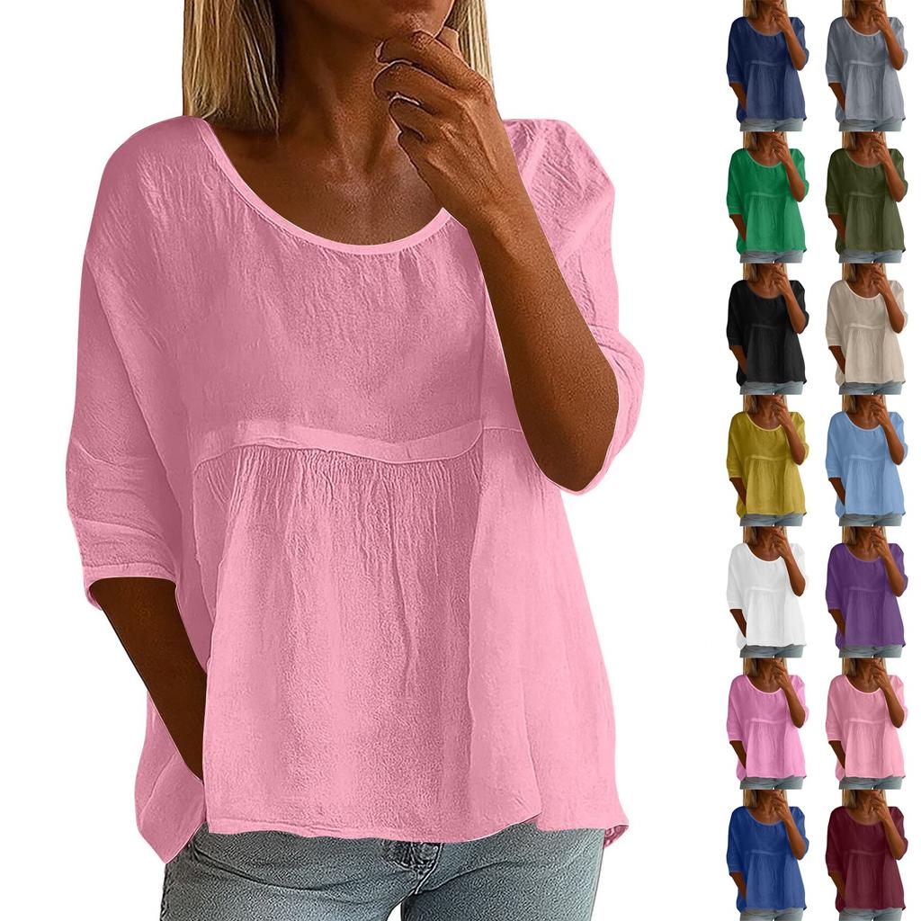 Womens Fashionable Solid Color Round Neck Three-quarter Sleeve Loose Round Neck Top