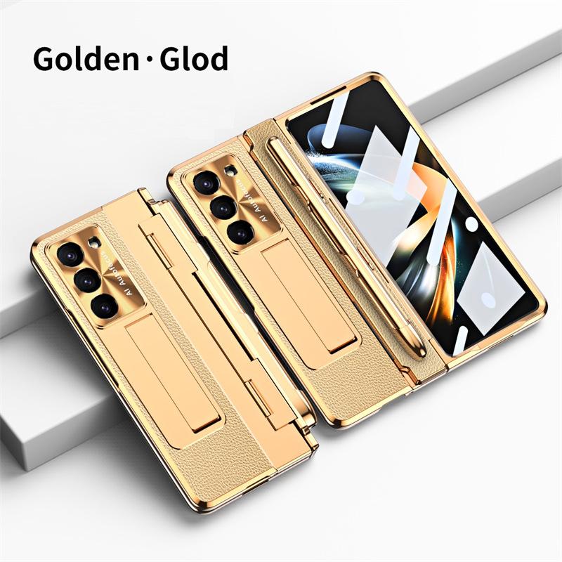 Full Protection Hinge Case for Samsung Galaxy Z Fold8 Ultra / 7 6 5 4 3 Plating PC+Leather Tempered Film Folding Kickstand Cover