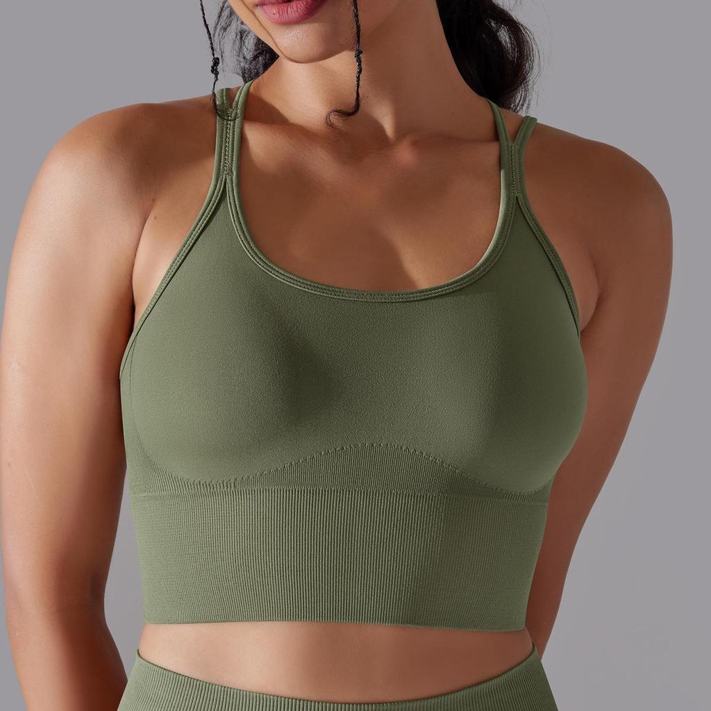 Solid Color Cross Back Sports Bra, Tight Fitting, Shock-absorbing, Gathering, High-strength Vest, Yoga And Fitness Bra For Women