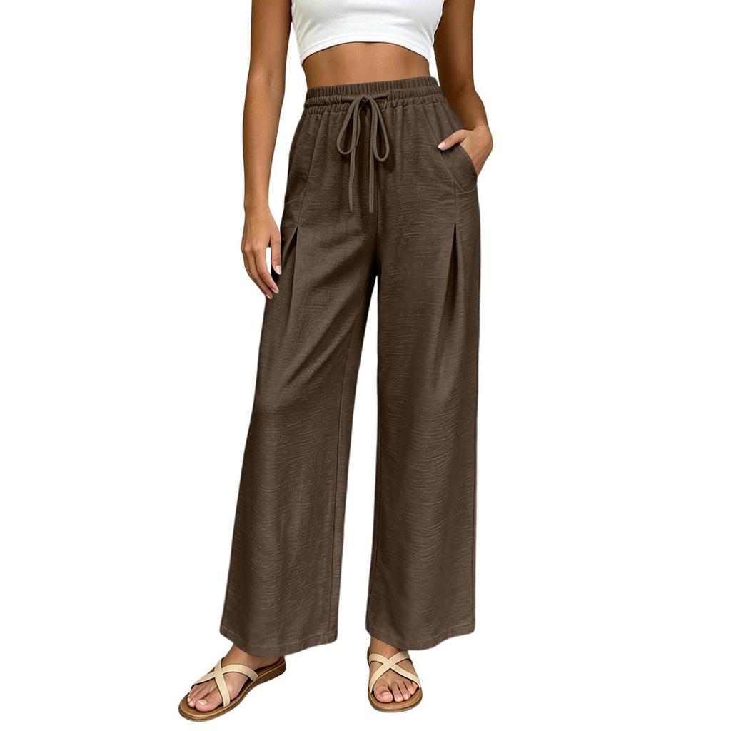 Women High Waist Wide Leg Pants Summer Casual Loose Fit Trousers with Pockets Elastic Waist Drawstring Outdoor Lightweight