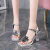 2025 Women's Sandals Summer New High Heel Square Head Open Toe Flower Rhinestone Slip Sandals Casual Temperament Heel Sandals