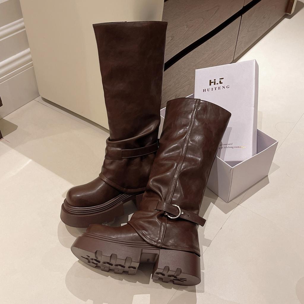 Pant Pants Boots Thick-soled Tall Knight Boots Women's 2025 Autumn and Winter New Spice Girl Boots Small Retro Pile Boots