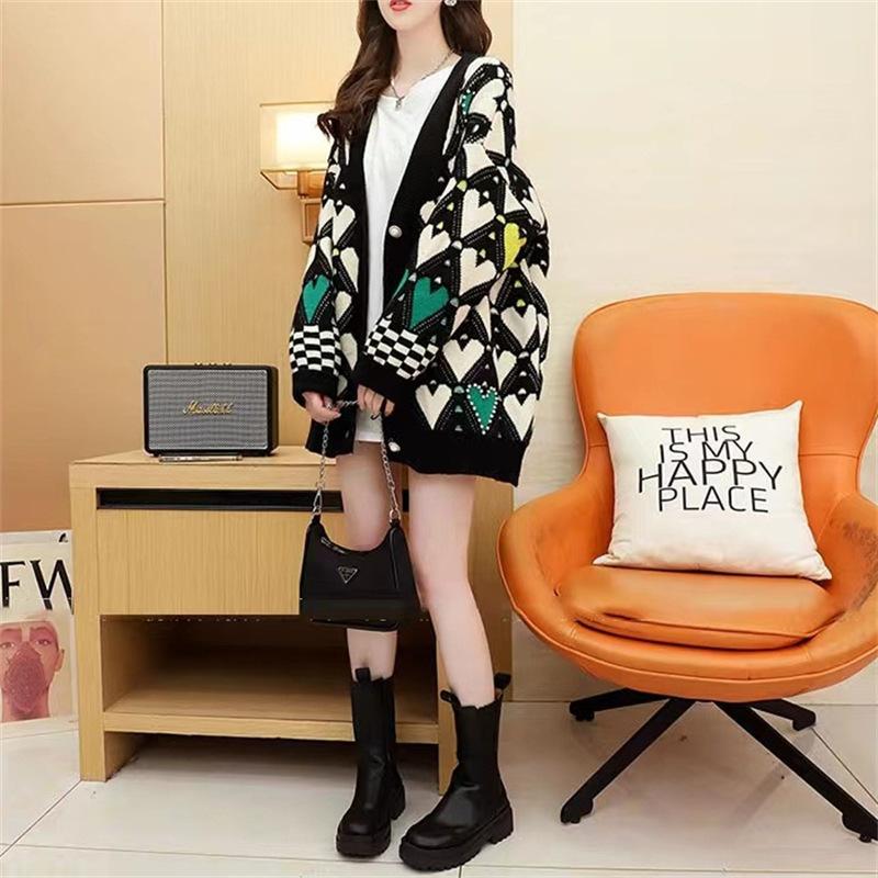 New Spring Autumn Sweet Sweater Cardigans Women V Neck Heart Printing Knitwear Single Breasted Casual Knit Cardigan
