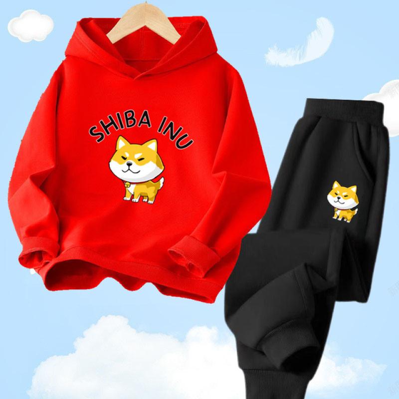 Shiba Inu søt hettegensersett med hundetrykk for barn Vår Høst Langbukser Joggedress Sportsklær Hettegensersett