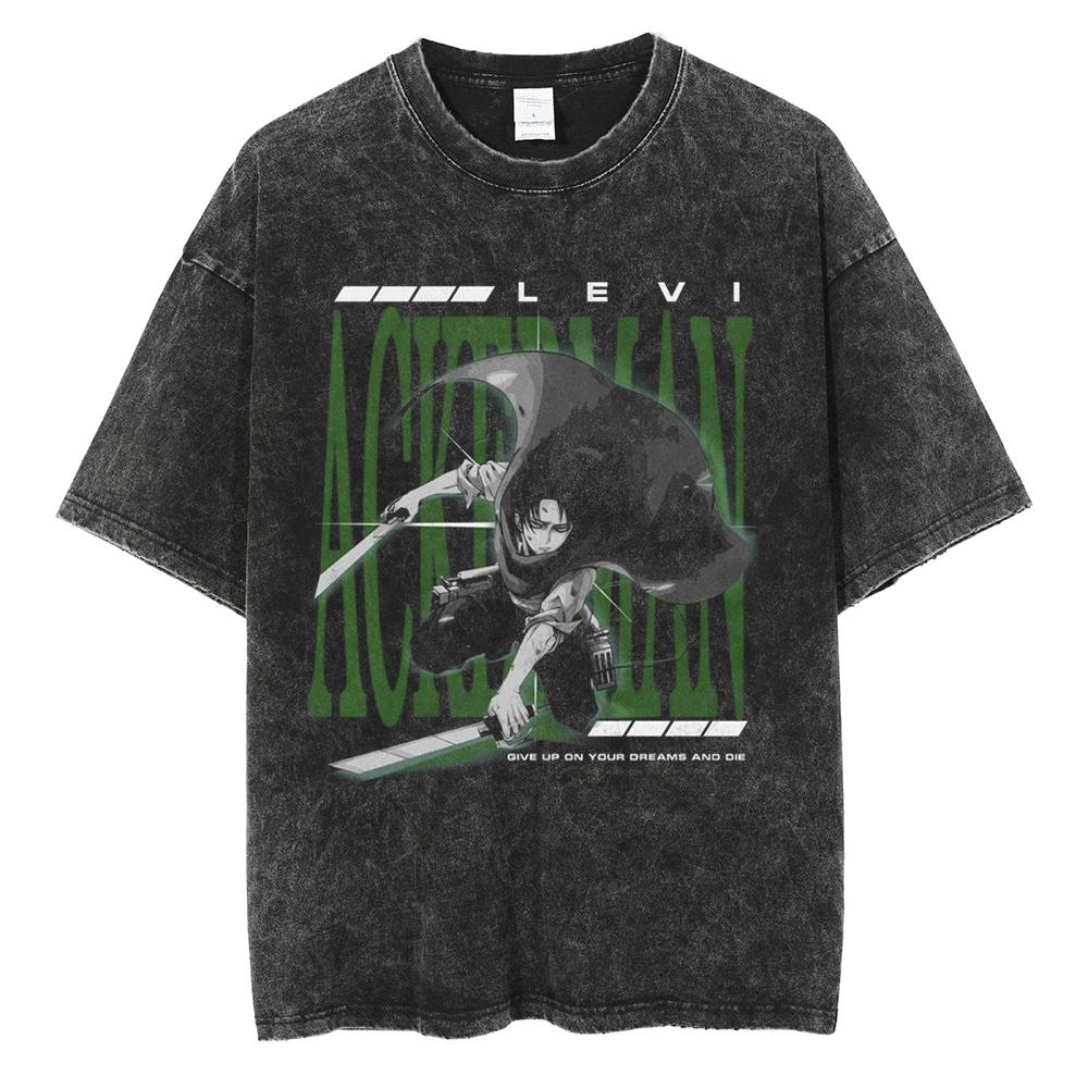 Eren Jager Attack on Titan Summer Streetwear Washed T-Shirt Anime Graphic Print TShirt Men Harajuku Cotton Oversize Vintage Tee