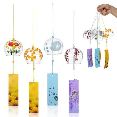 Wind Set of Floral Design Japanese Handcrafted by Wind Celebration Gift Chimes, Glass, Hand-Painted, 4, (Hibiscus, Four-Leaf Clover,
