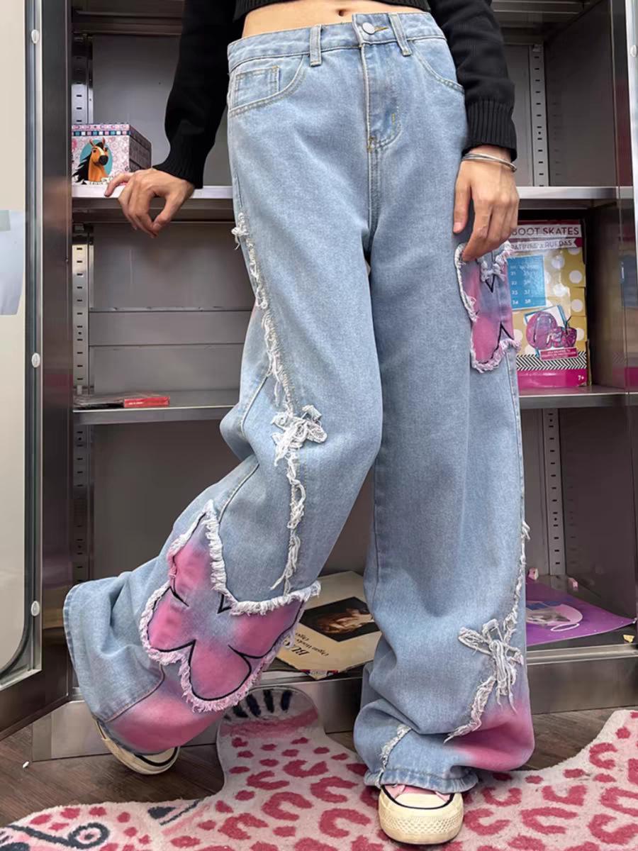 

Жіночі літні джинси 2024 року з високою посадкою, широкими штанинами та ретро-принтом метеликів Medium