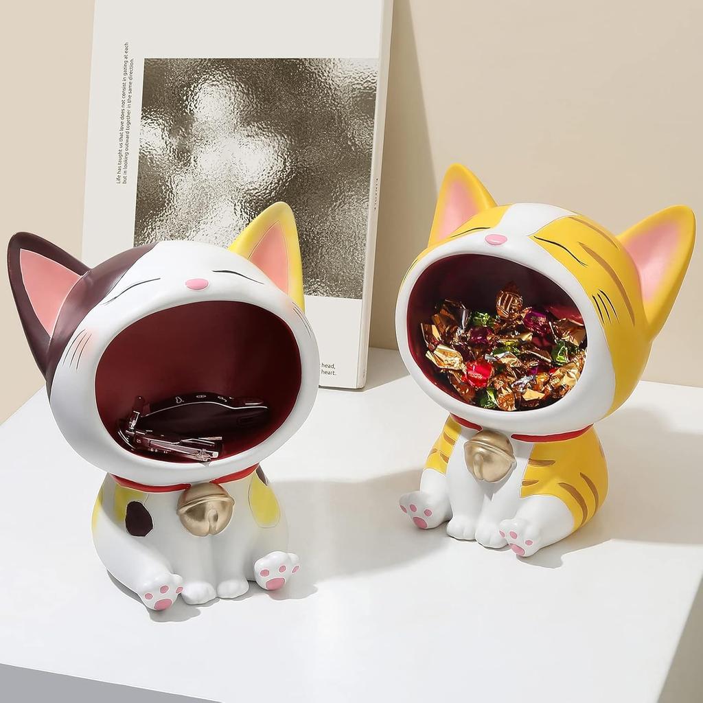 Vukayo Cat Offering a Metal Key Storage Key Small Item Entryway Tabletop Storage Animal Sculpture Pet Side Makeup Lipstick Candy Resin Interior