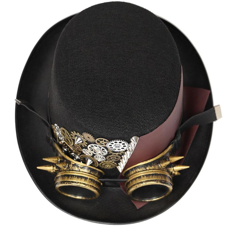 New Trendy Punk Vintage Steampunk Top Hat With Goggles Gothic Leather Headwear Holiday Cosplay Party Hat Halloween Accessories