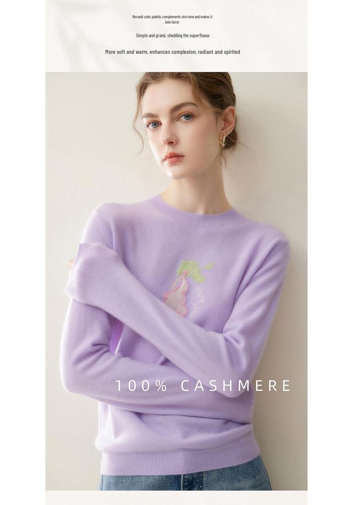 Lekasha Women's 100% Cashmere Embroidered Round Neck Sweater for Autumn and Winter