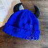 New With Devil Horns Winter Knitted Beanie Warm Pin Decoration Distressed Skull Cap Elastic Solid Color Hip Hop Cap Men Women
