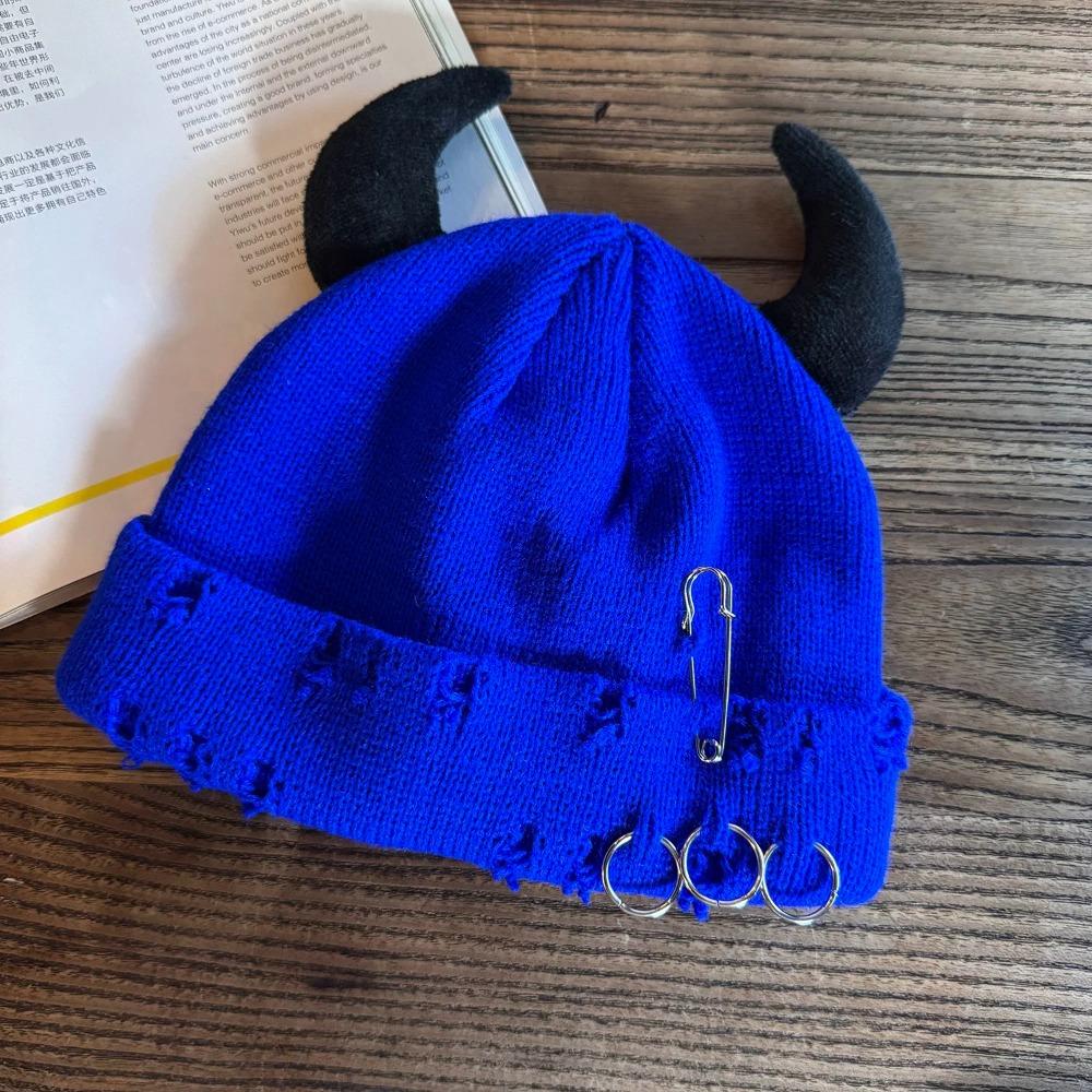 New With Devil Horns Winter Knitted Beanie Warm Pin Decoration Distressed Skull Cap Elastic Solid Color Hip Hop Cap Men Women