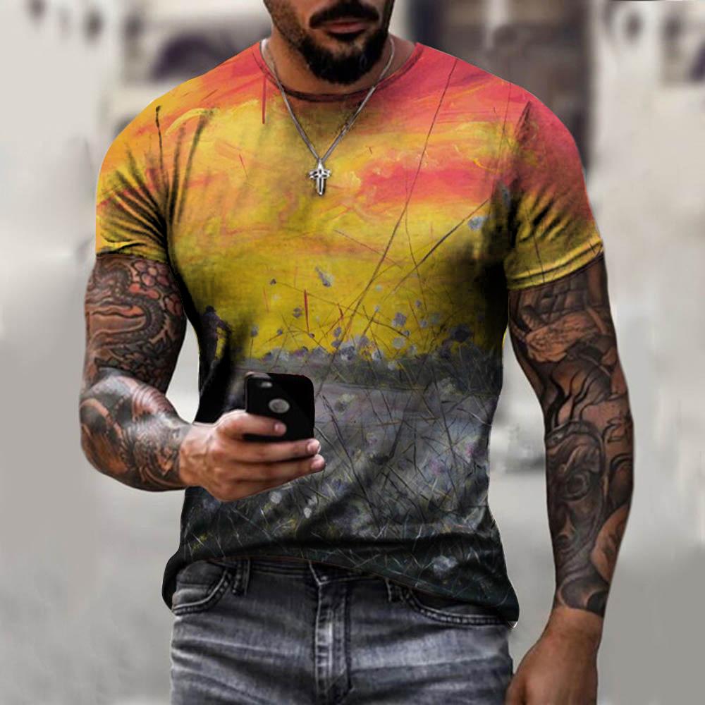 Retro Men's Personalized Color Striped Printed T-shirt Casual Fashion Trend Harajuku Round Neck Top Creative Hip-hop Cool Short Sleeved Streetwear