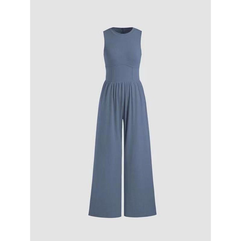European and American Spring and Autumn Solid Vest High Waist Slim Fit Jumpsuit Round Neck Wide Leg Straight Trousers Women Clothes