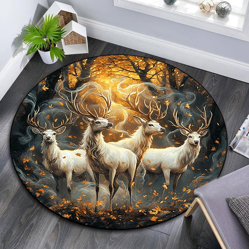 

Enchanted Forest Deer Round Area Rug,Carpet Rug for Living Room Bedroom Sofa Playroom Decor,Non-slip Floor Mat 80cmx80cm