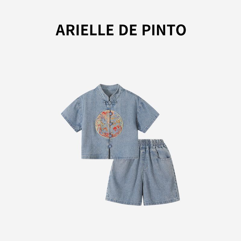 French Arielle De Pinto Boys Summer Thin Casual Denim Chinese Style Two-Piece Set Image color 150