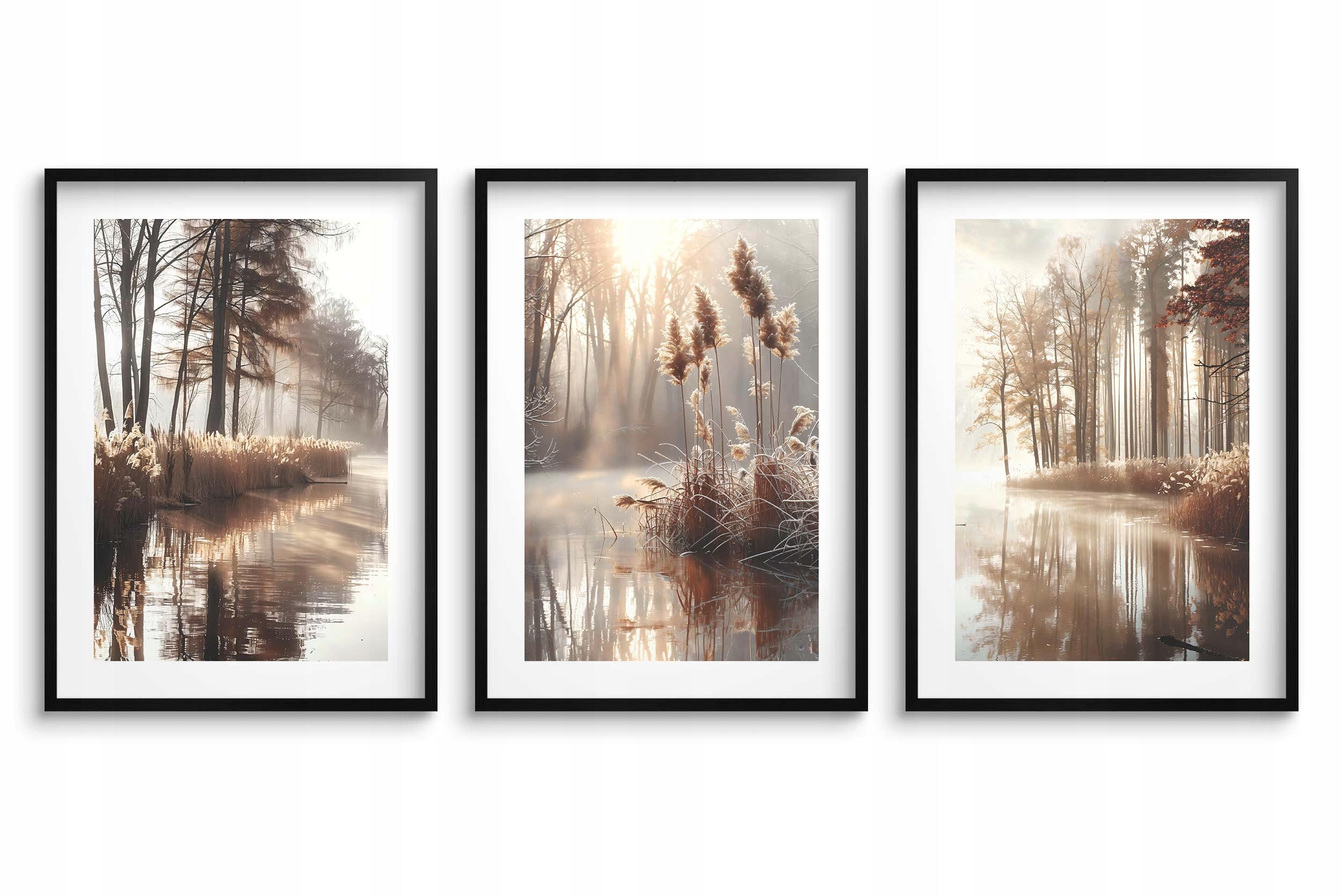 Plakaty do salonu Obrazy w czarnej ramie Trawa Jezioro zestaw w stylu Boho
