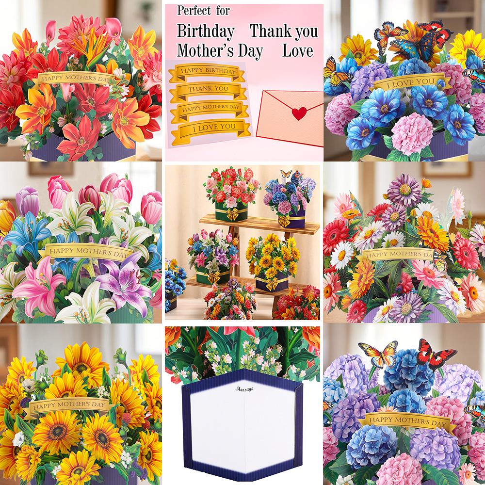 Premium 3D Pop Up Flower Bouquet Card Mothers Day Present Valentines Day Anniversary Birthday Greeting Cards Thank You Wishes Gifts