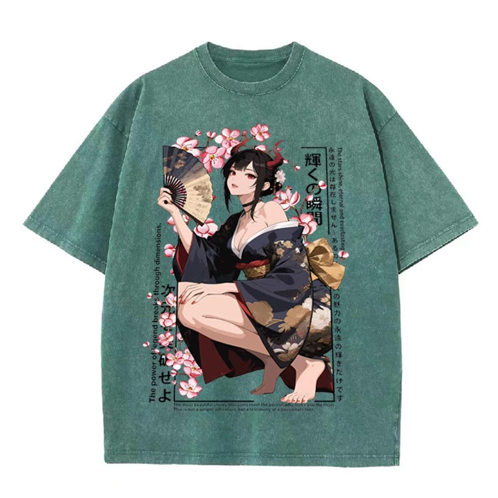 2026vintage Gewaschenes Beige Anime Kimono Mädchen Kirschblüten Grafik T-Shirt Japanischer Stil Druck Übergroß Lässig Kurzarm Tee