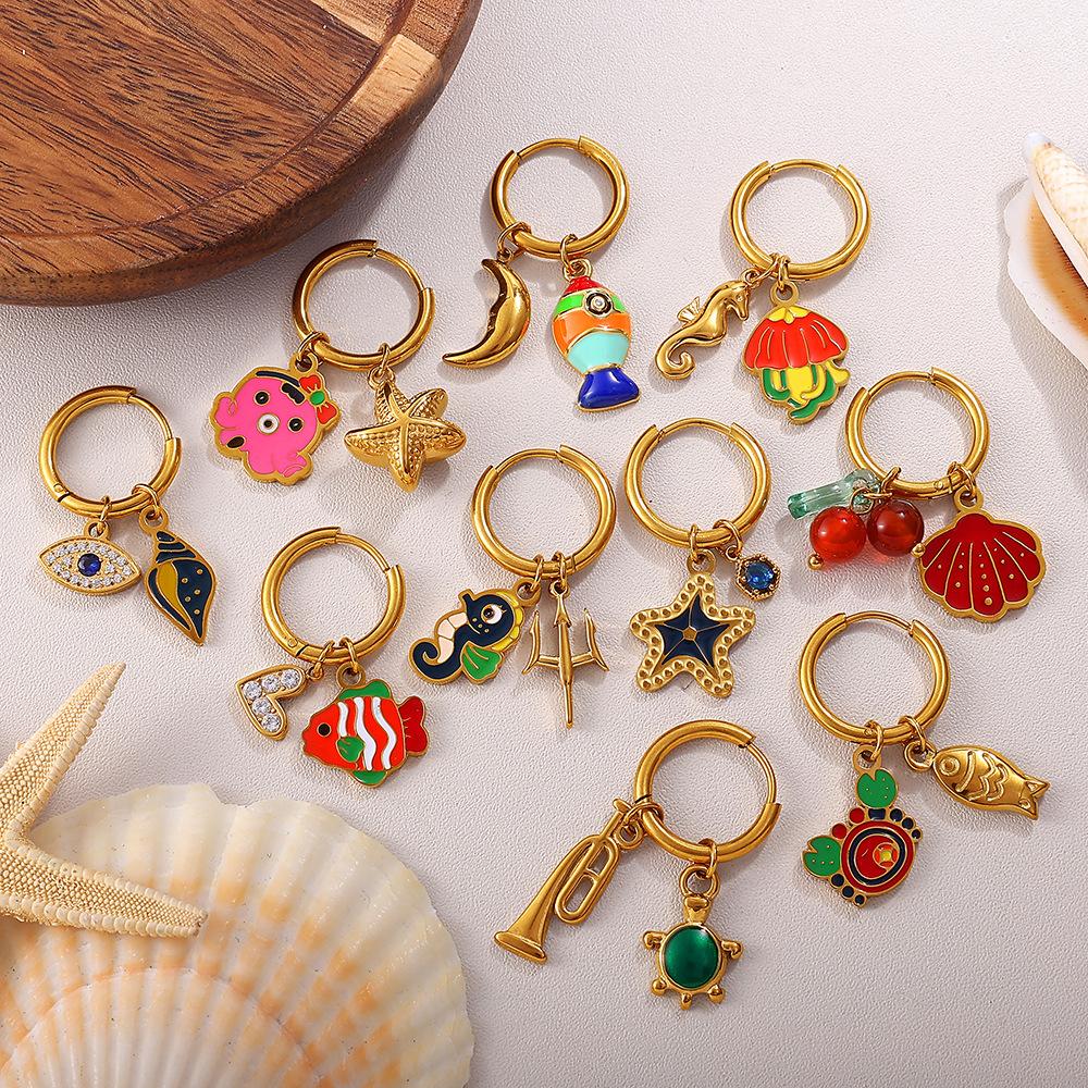 Ocean Wind DIY Dripping Octopus Turtle Pendant Earrings Stainless Steel Gold-plated Cute Earrings