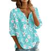Women’s Floral Print Cotton Linen Shirt with Henley Button Neckline and Three Quarter Sleeves Casual Loose Fit Blouse Top